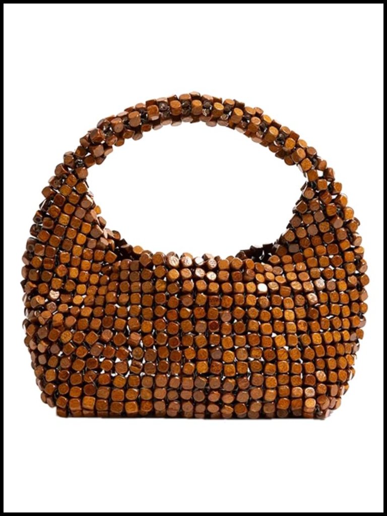 Handcrafted Wooden Beaded Clutch Purse Crescent Shoulder Bag Hobo Crossbody Tote